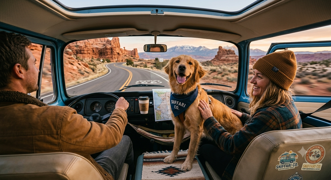 Young couple and dog enjoying a slow morning inside a retro camper van