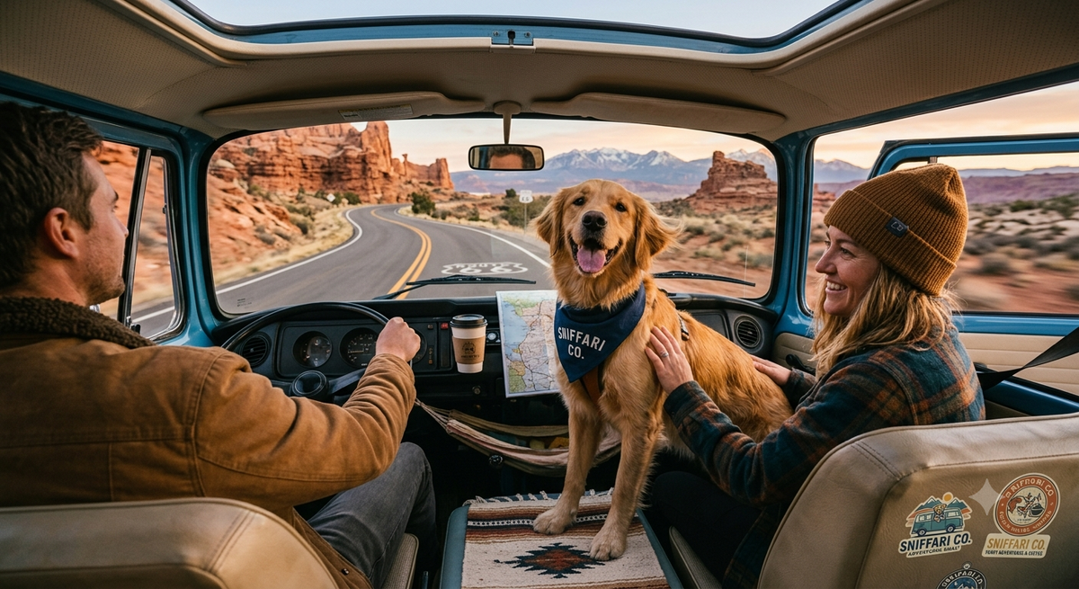 Young couple and dog enjoying a slow morning inside a retro camper van