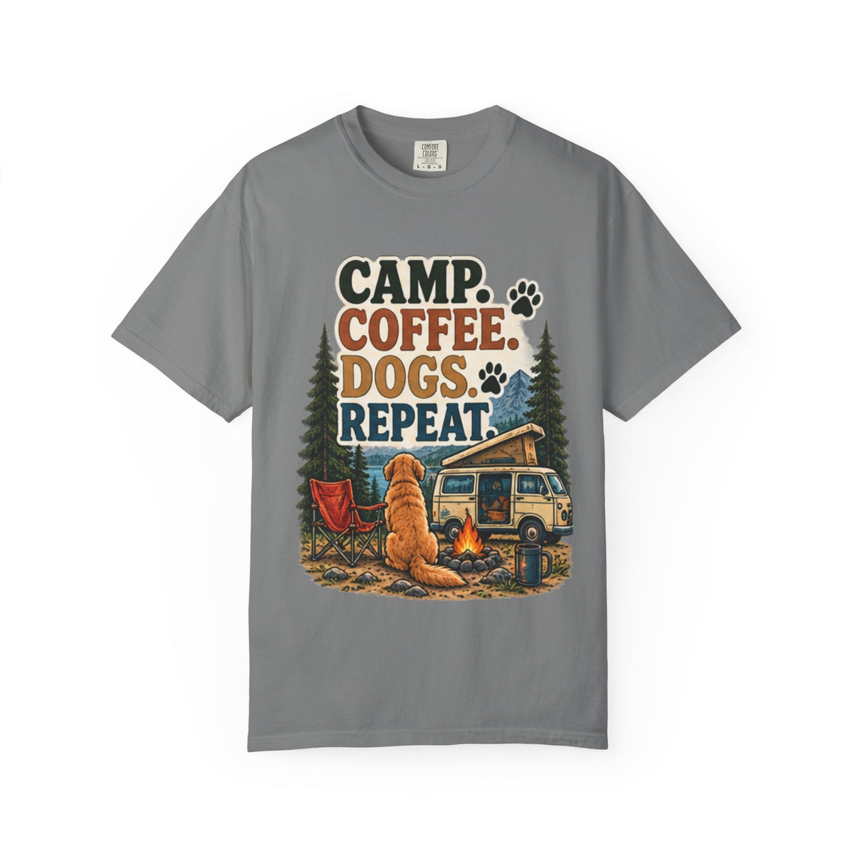 Camp Coffee Dogs Repeat T-Shirt | Camping & Dog Lover Tee Dark