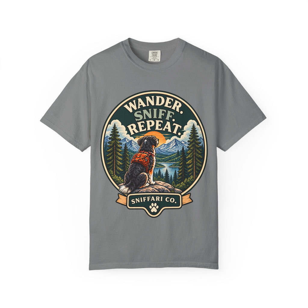 Wander Sniff Repeat Dog T-Shirt | Retro Outdoor Tee Light