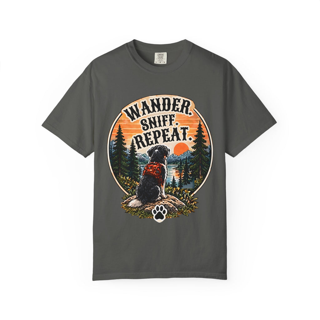 Wander Sniff Repeat Dog T-Shirt | Retro Outdoor Tee Dark