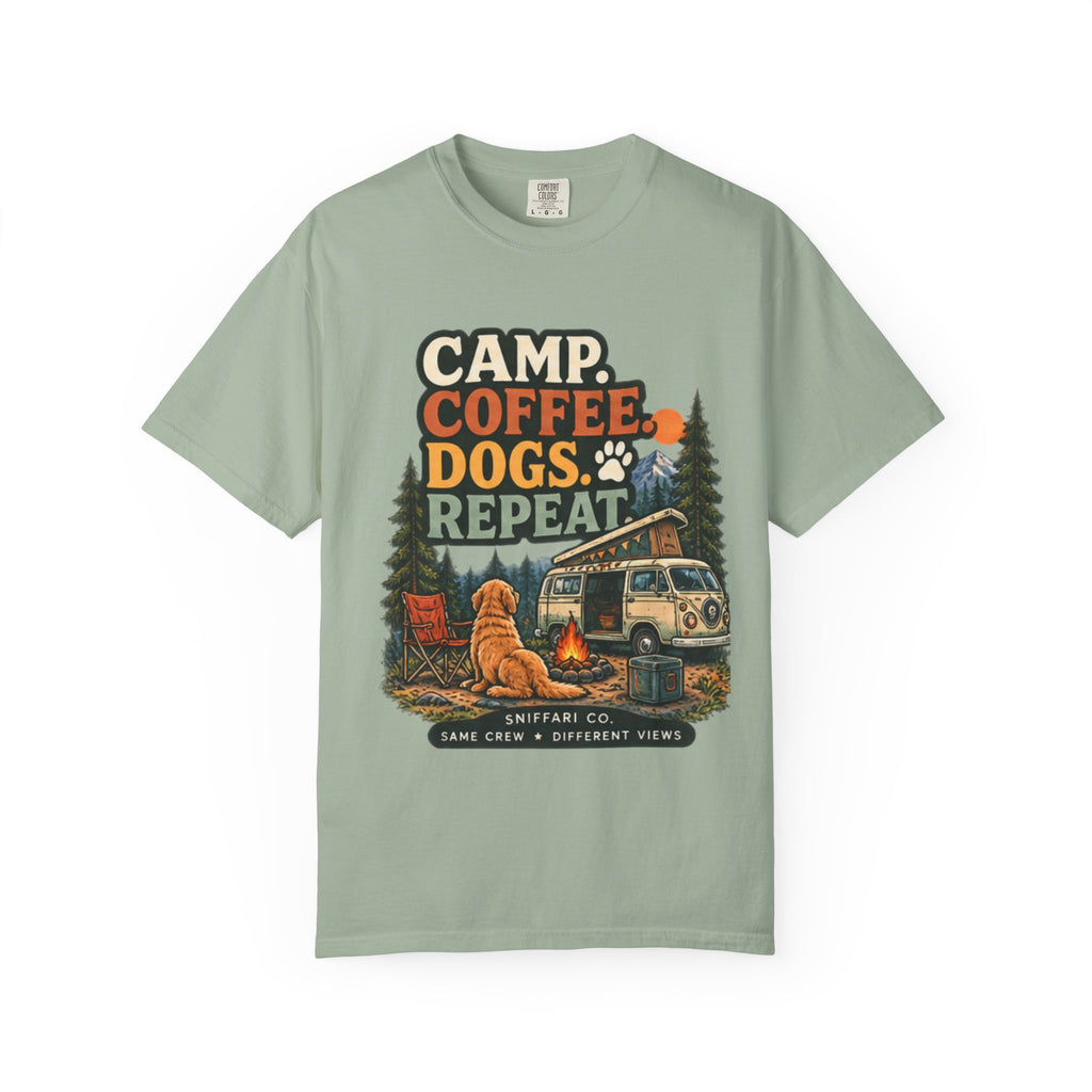 Camp Coffee Dogs Repeat T-Shirt | Camping & Dog Lover Tee Light