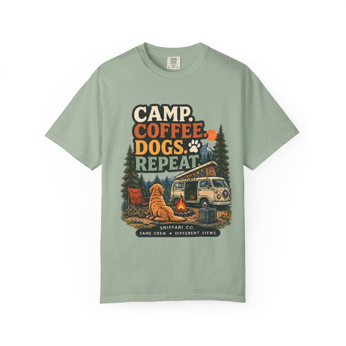 Camp Coffee Dogs Repeat T-Shirt | Camping & Dog Lover Tee Light