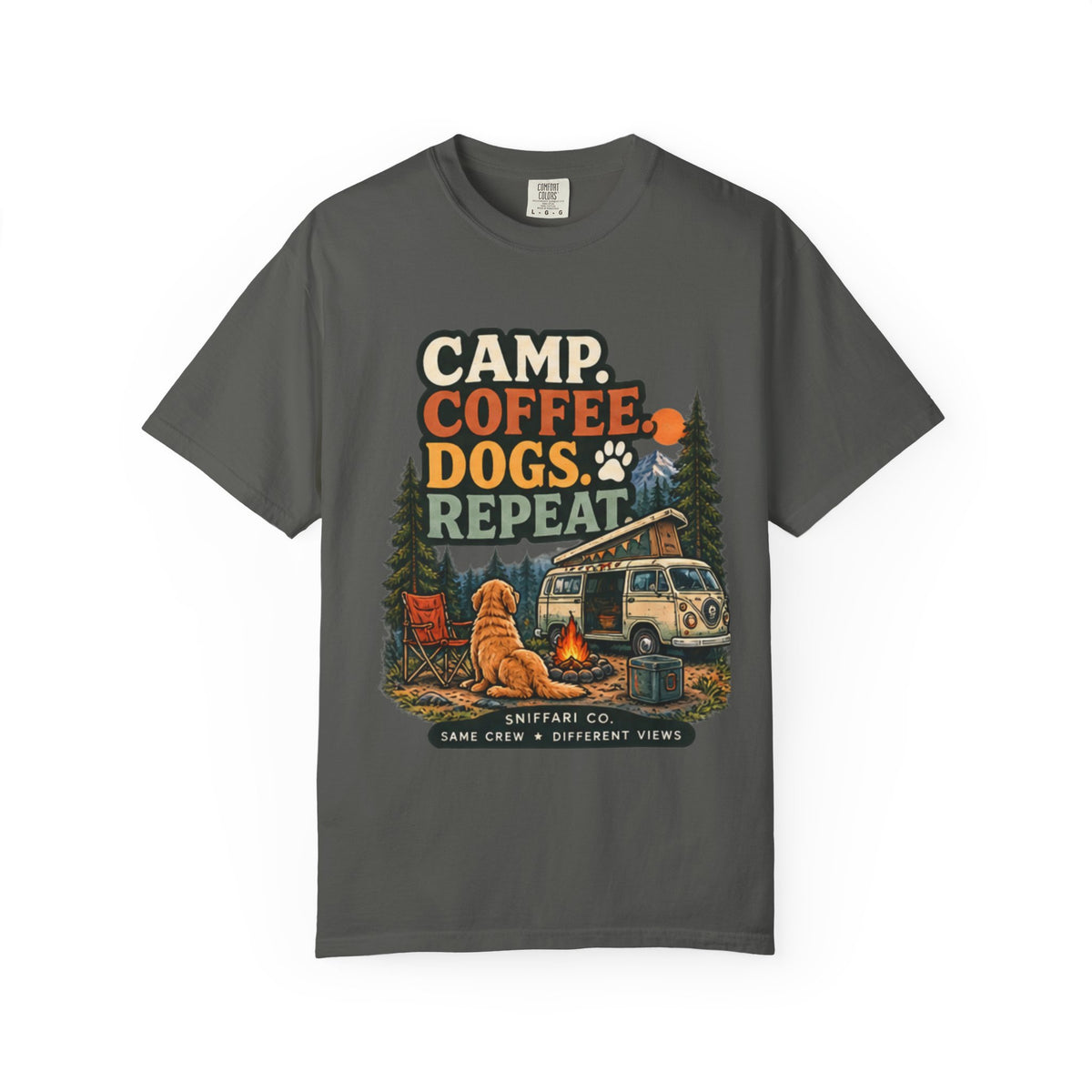 Camp Coffee Dogs Repeat T-Shirt | Camping & Dog Lover Tee Light