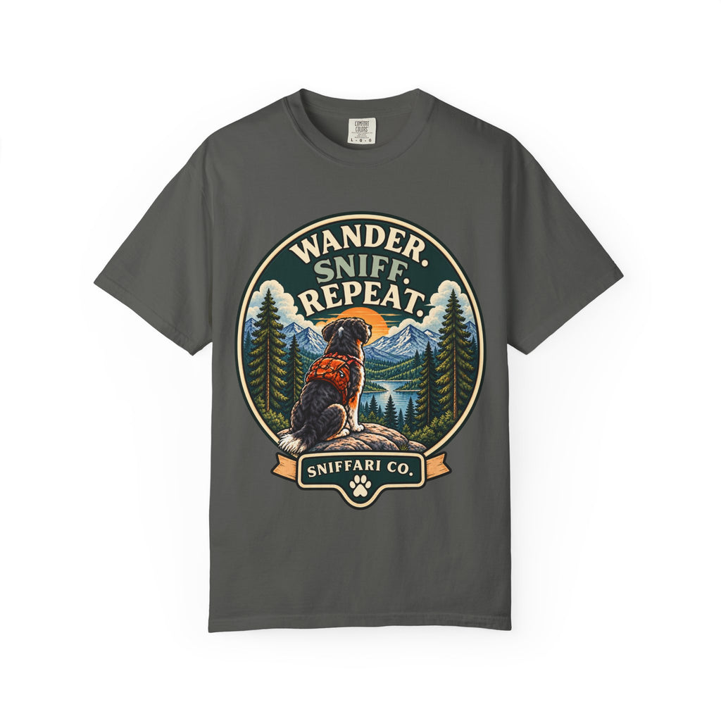 Wander Sniff Repeat Dog T-Shirt | Retro Outdoor Tee Light
