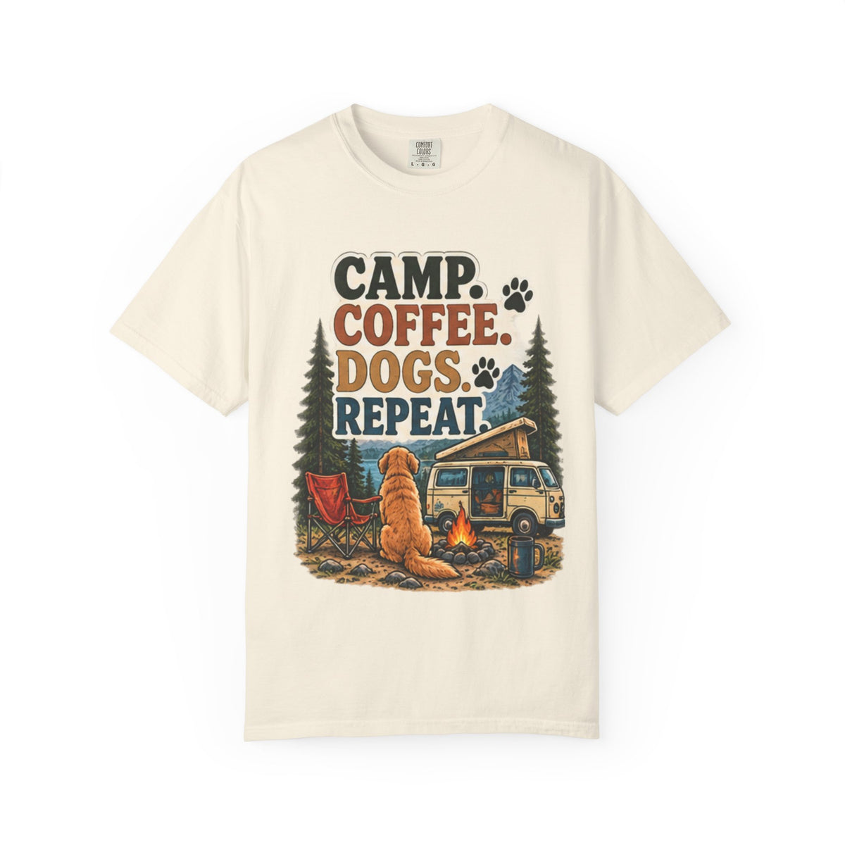 Camp Coffee Dogs Repeat T-Shirt | Camping & Dog Lover Tee Dark