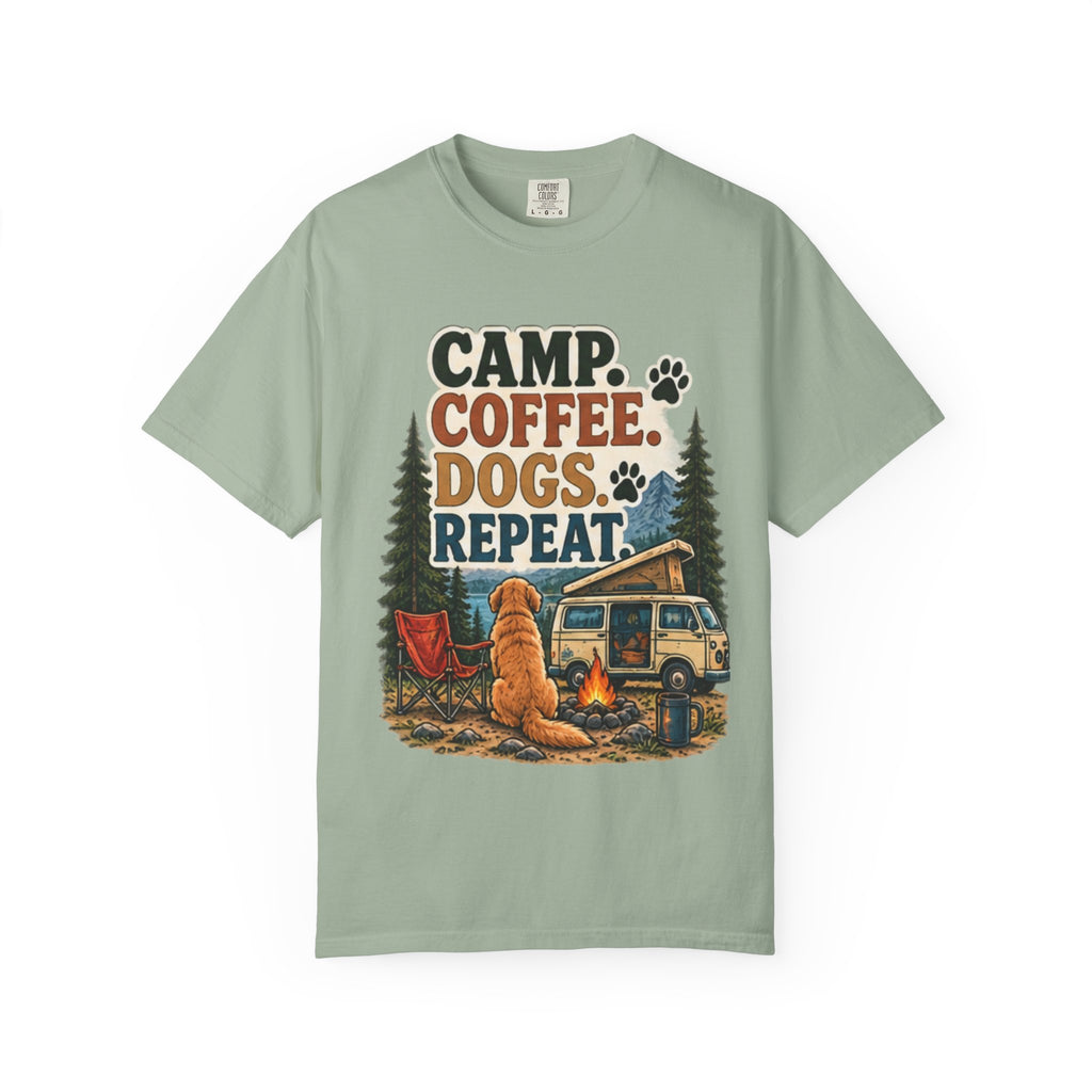 Camp Coffee Dogs Repeat T-Shirt | Camping & Dog Lover Tee Dark