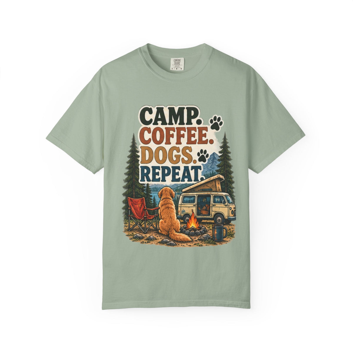 Camp Coffee Dogs Repeat T-Shirt | Camping & Dog Lover Tee Dark