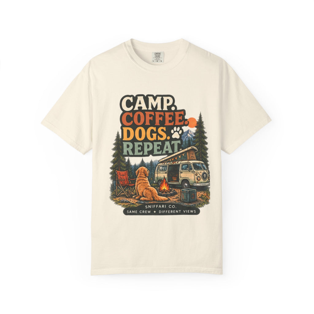 Camp Coffee Dogs Repeat T-Shirt | Camping & Dog Lover Tee Light