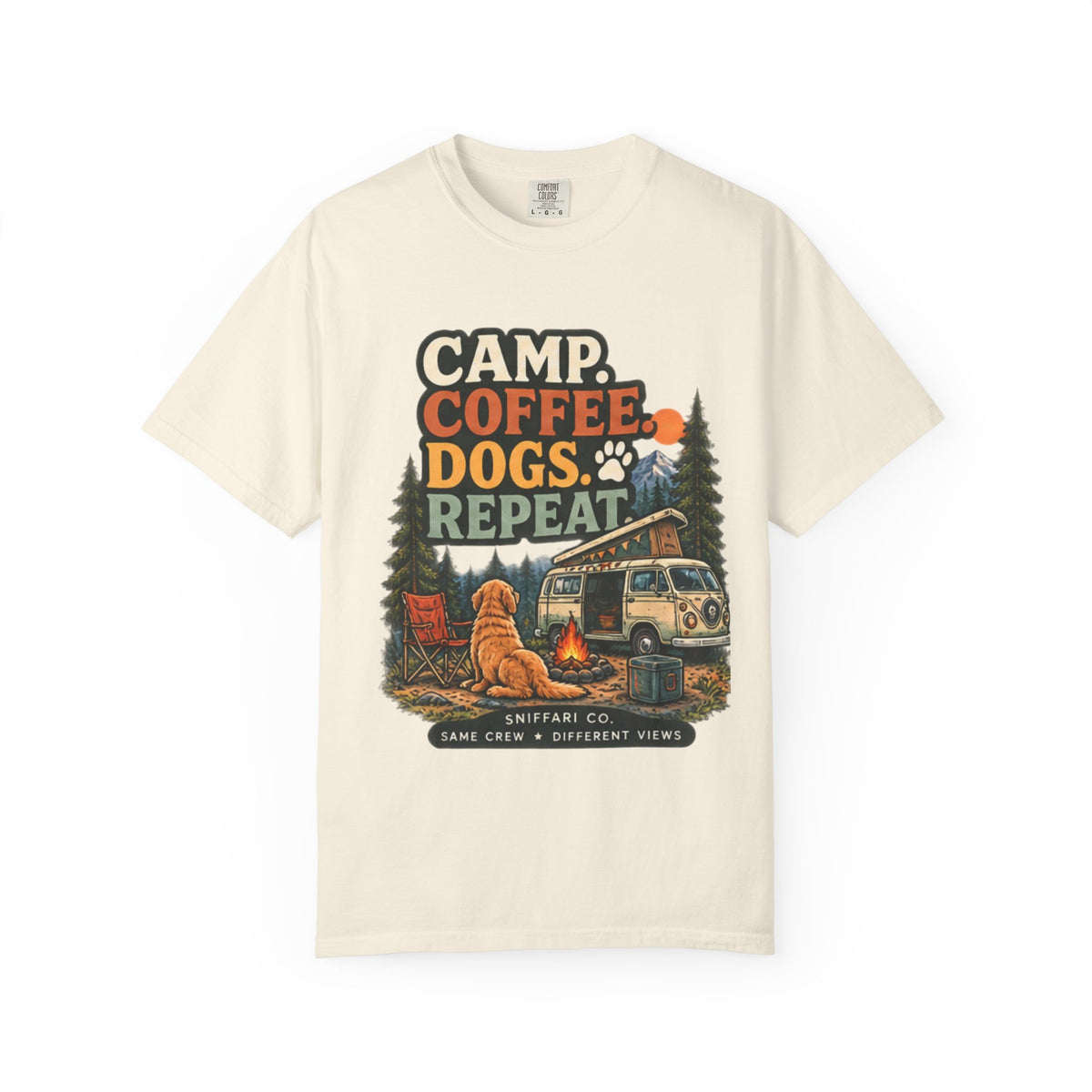 Camp Coffee Dogs Repeat T-Shirt | Camping & Dog Lover Tee Light