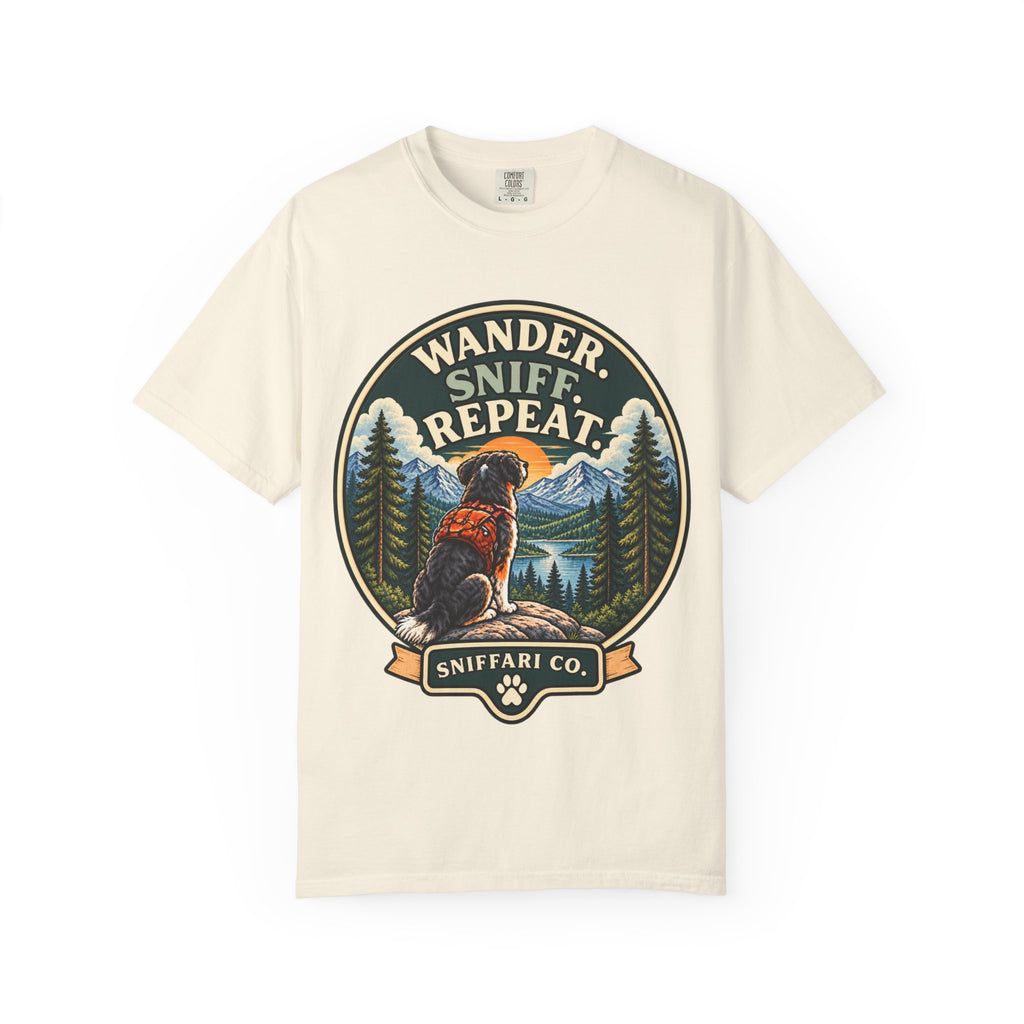 Wander Sniff Repeat Dog T-Shirt | Retro Outdoor Tee Light