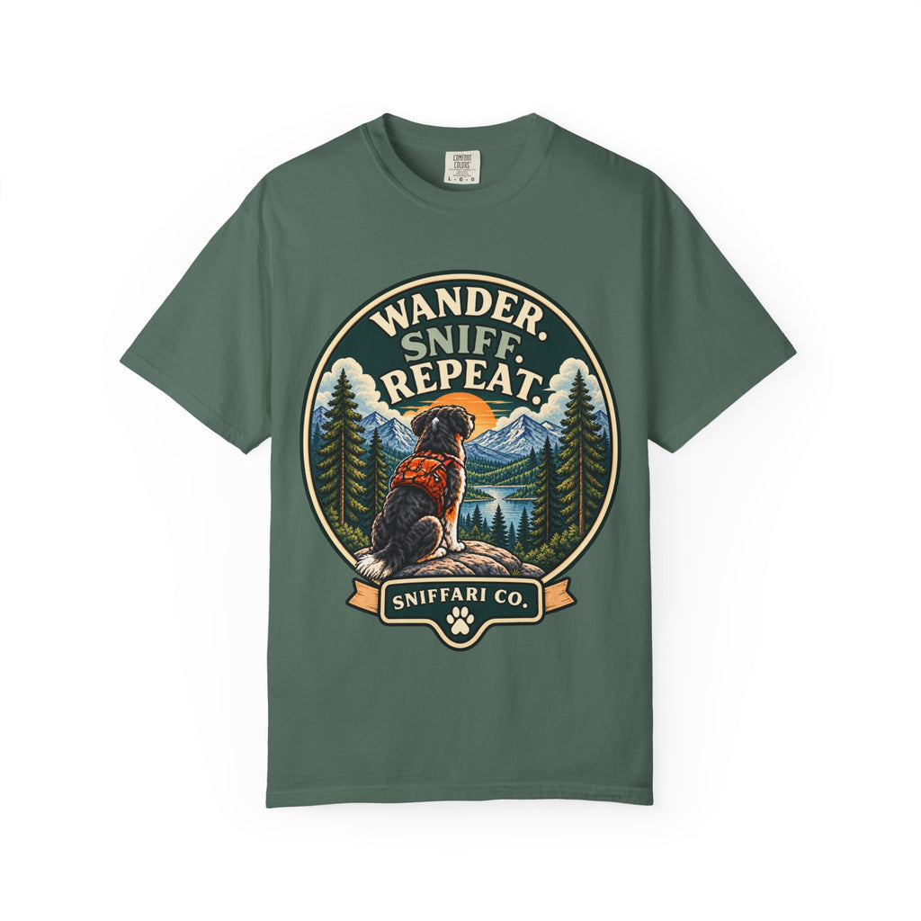 Wander Sniff Repeat Dog T-Shirt | Retro Outdoor Tee Light