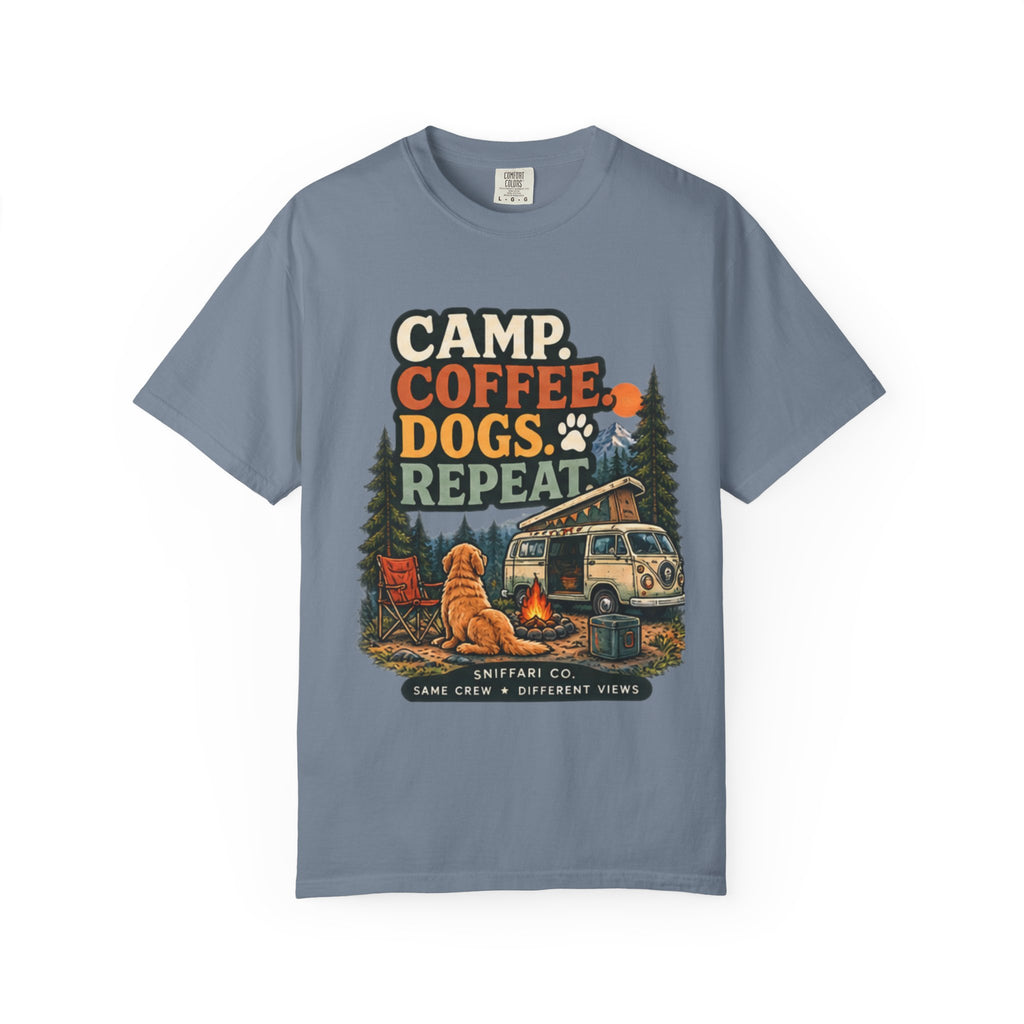 Camp Coffee Dogs Repeat T-Shirt | Camping & Dog Lover Tee Light