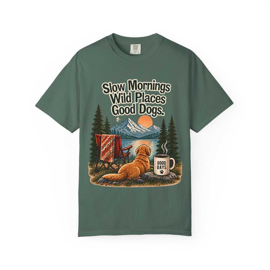 Slow Mornings Wild Places Good Dogs T-Shirt | Outdoor Tee
