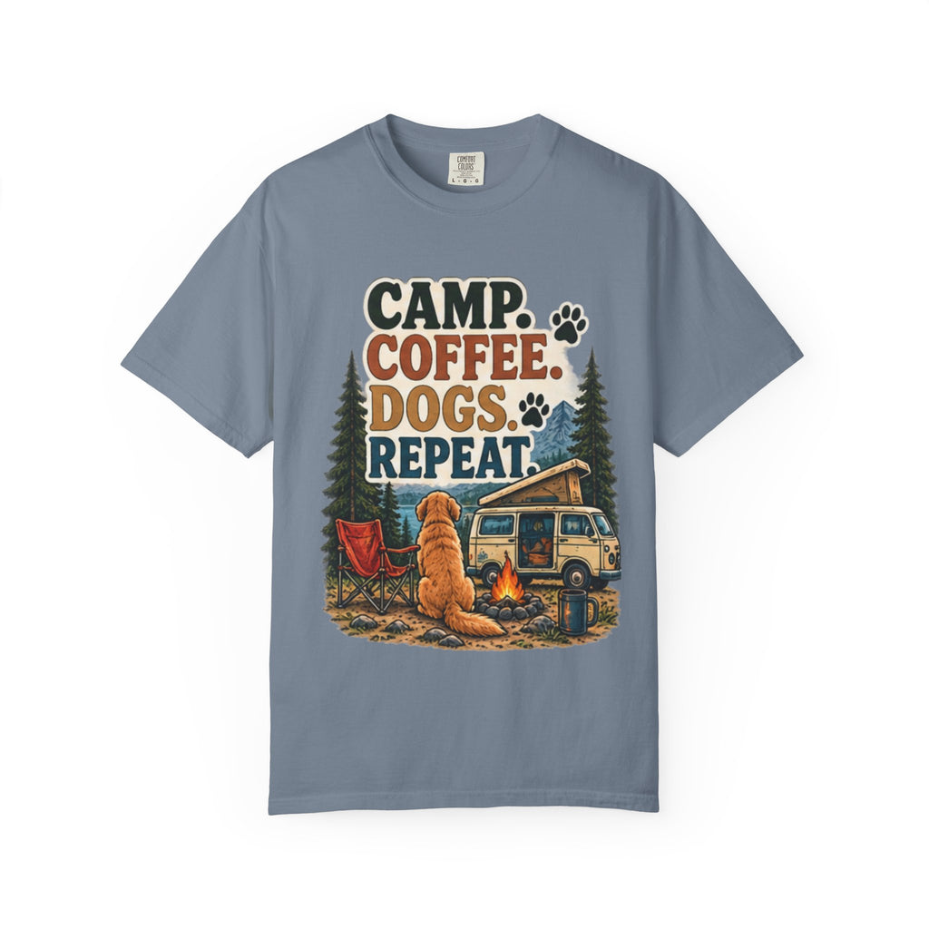 Camp Coffee Dogs Repeat T-Shirt | Camping & Dog Lover Tee Dark