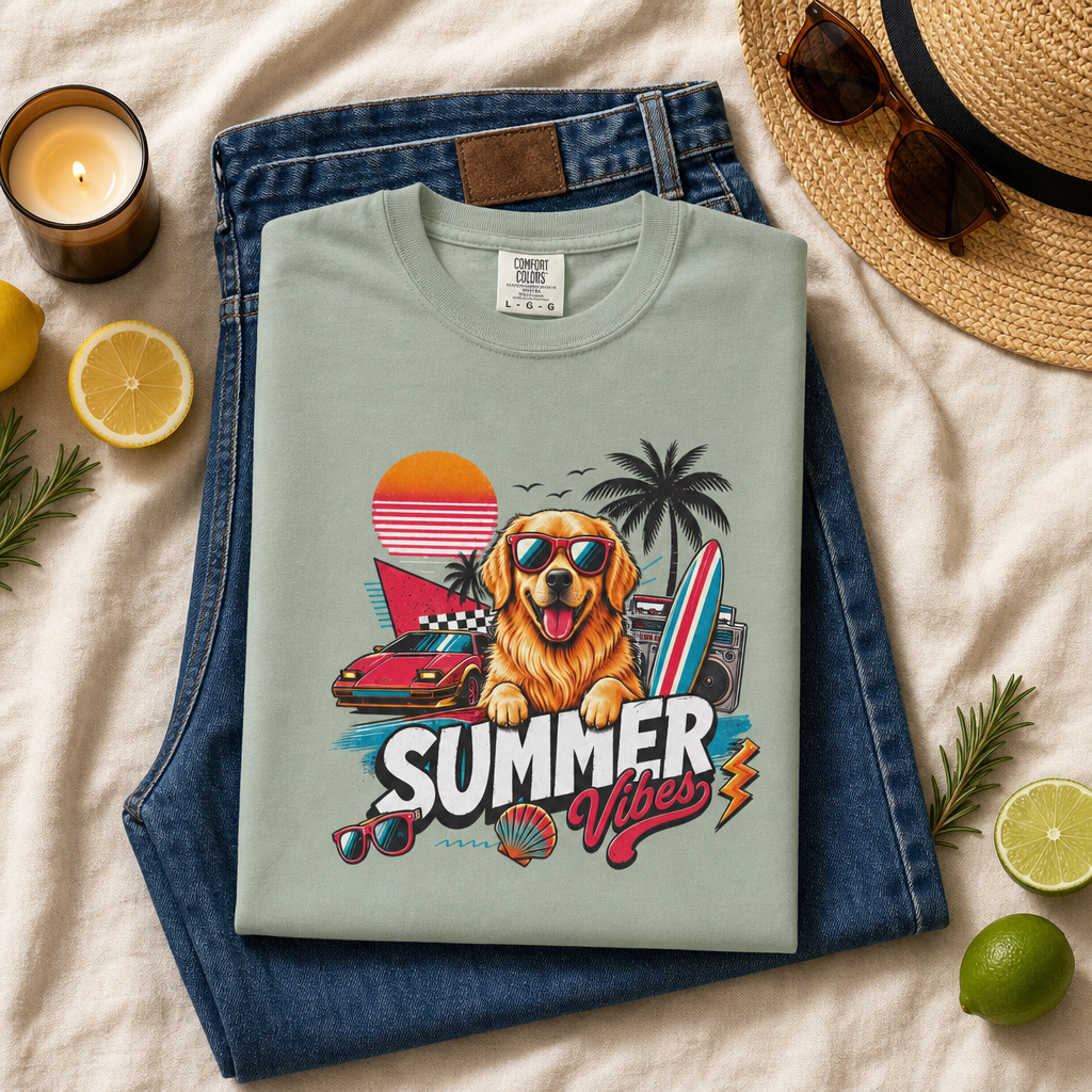 Summer Vibes Golden Retriever — Retro Surf Dog Tee
