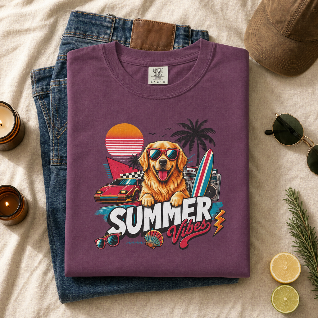 Summer Vibes Golden Retriever — Retro Surf Dog Tee