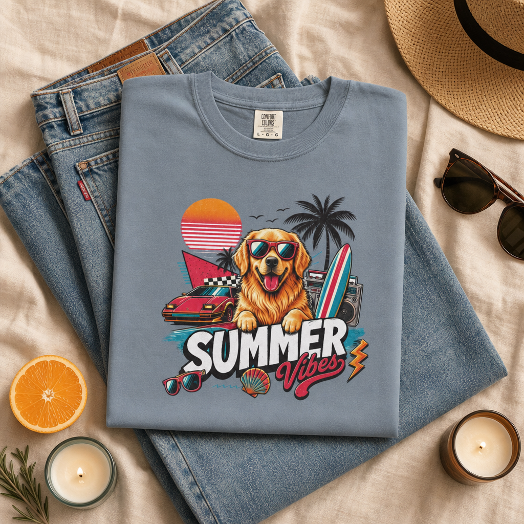 Summer Vibes Golden Retriever — Retro Surf Dog Tee