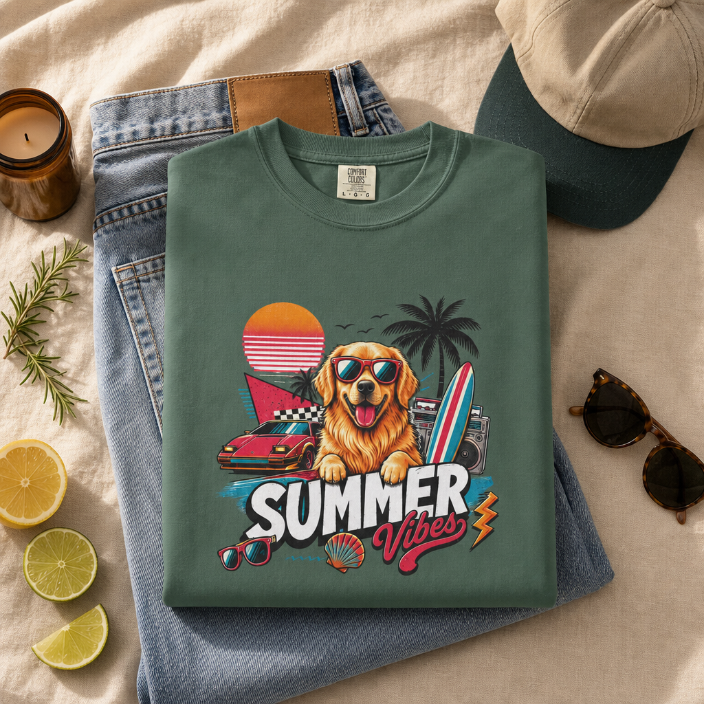 Summer Vibes Golden Retriever — Retro Surf Dog Tee