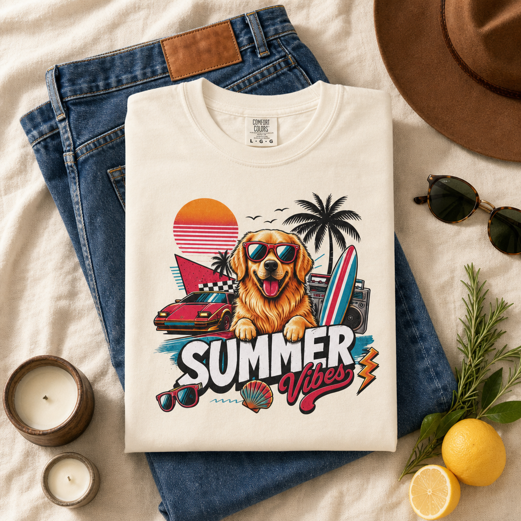 Summer Vibes Golden Retriever — Retro Surf Dog Tee
