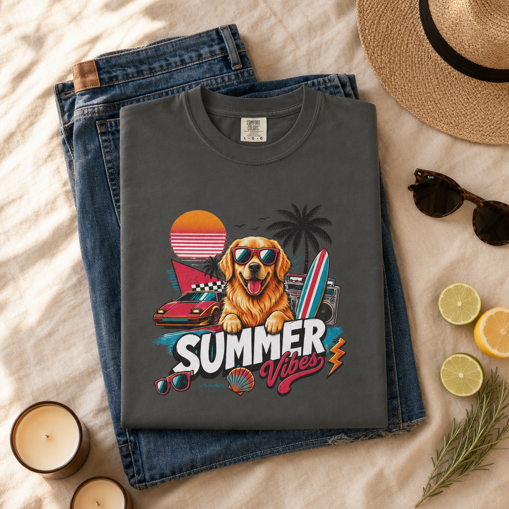 Summer Vibes Golden Retriever — Retro Surf Dog Tee
