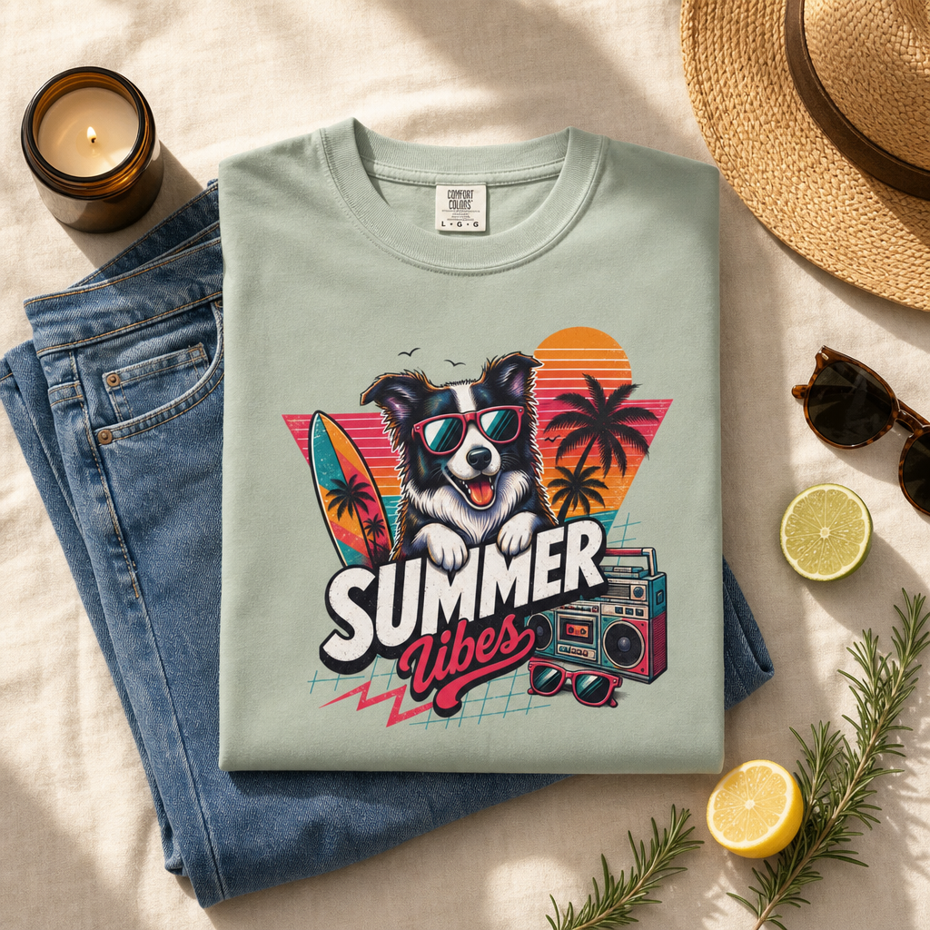 Summer Vibes Border Collie — Retro Surf Dog Tee