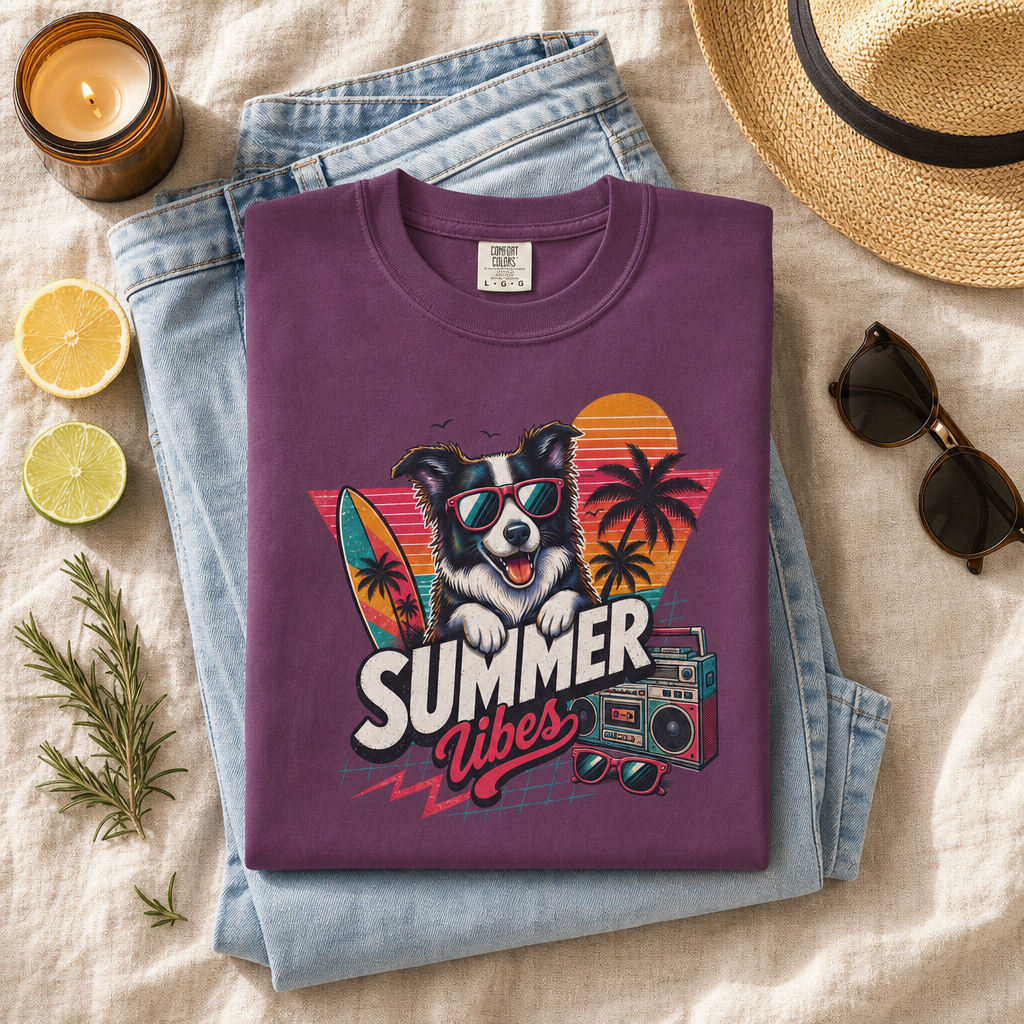 Summer Vibes Border Collie — Retro Surf Dog Tee