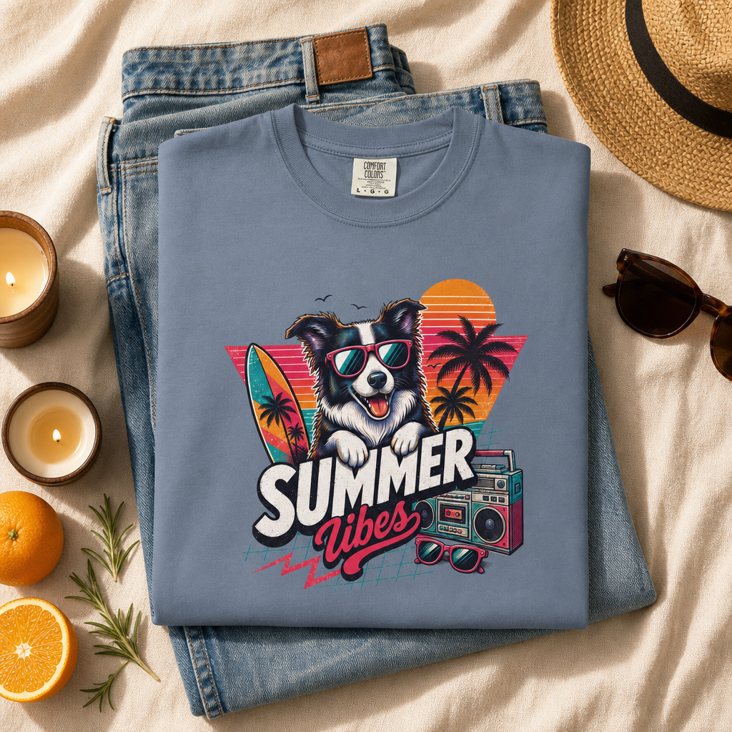 Summer Vibes Border Collie — Retro Surf Dog Tee