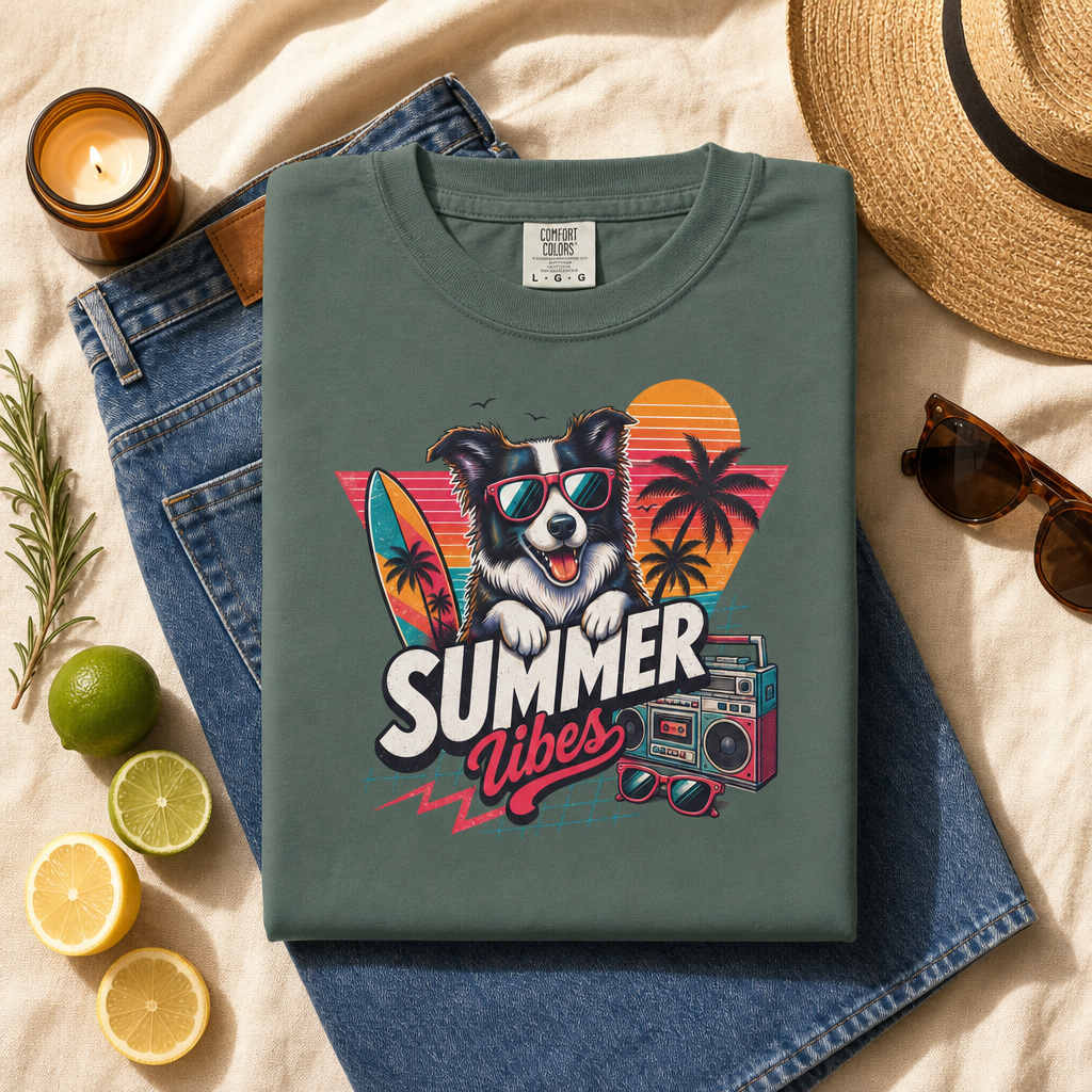 Summer Vibes Border Collie — Retro Surf Dog Tee
