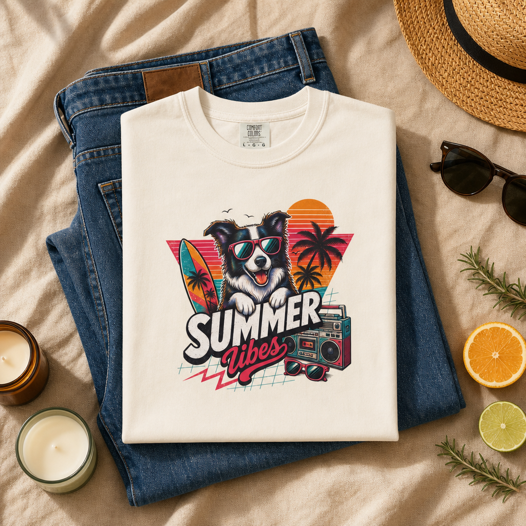 Summer Vibes Border Collie — Retro Surf Dog Tee