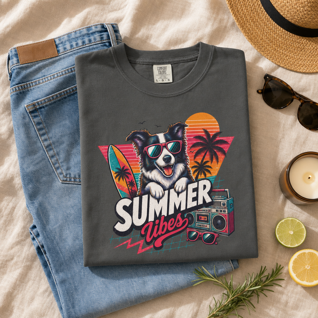 Summer Vibes Border Collie — Retro Surf Dog Tee
