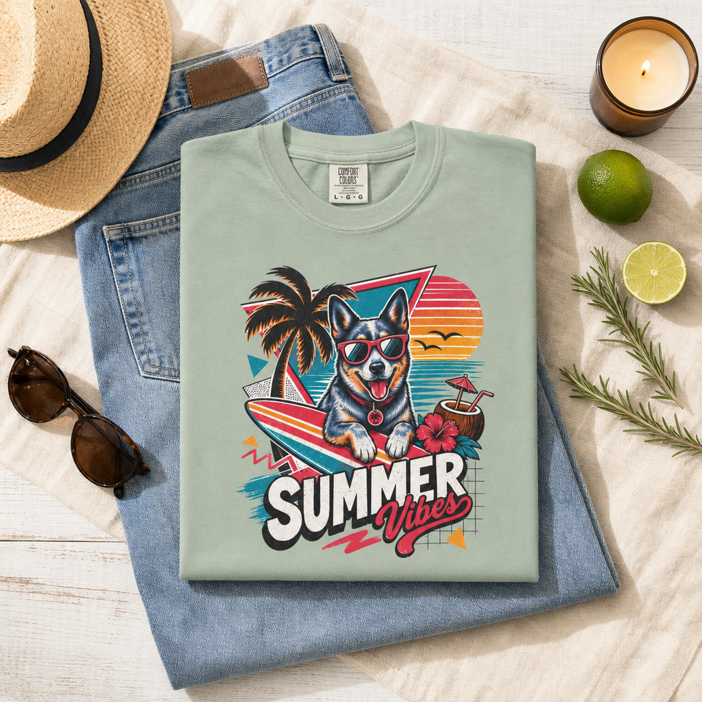 Summer Vibes Blue Heeler Australian Cattle Dog — Retro Surf Dog Tee