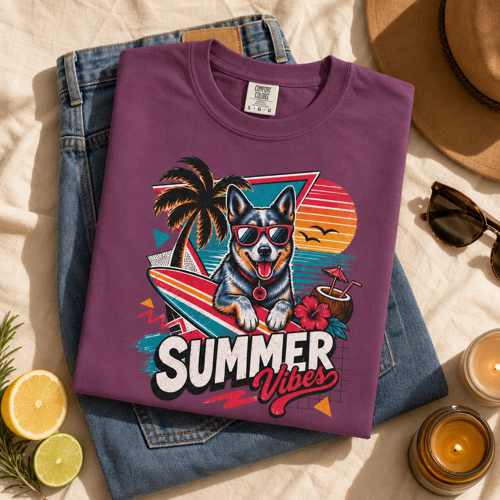 Summer Vibes Blue Heeler Australian Cattle Dog — Retro Surf Dog Tee