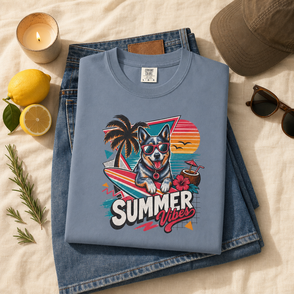 Summer Vibes Blue Heeler Australian Cattle Dog — Retro Surf Dog Tee