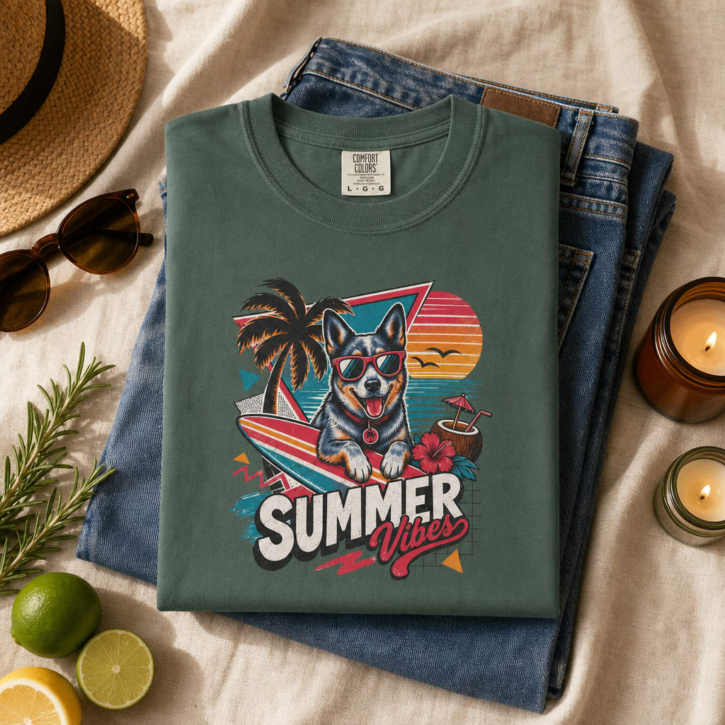 Summer Vibes Blue Heeler Australian Cattle Dog — Retro Surf Dog Tee