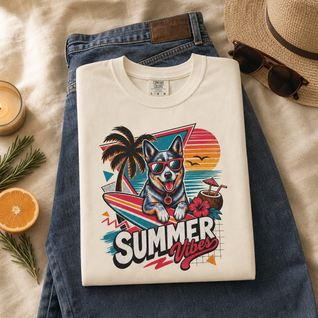 Summer Vibes Blue Heeler Australian Cattle Dog — Retro Surf Dog Tee