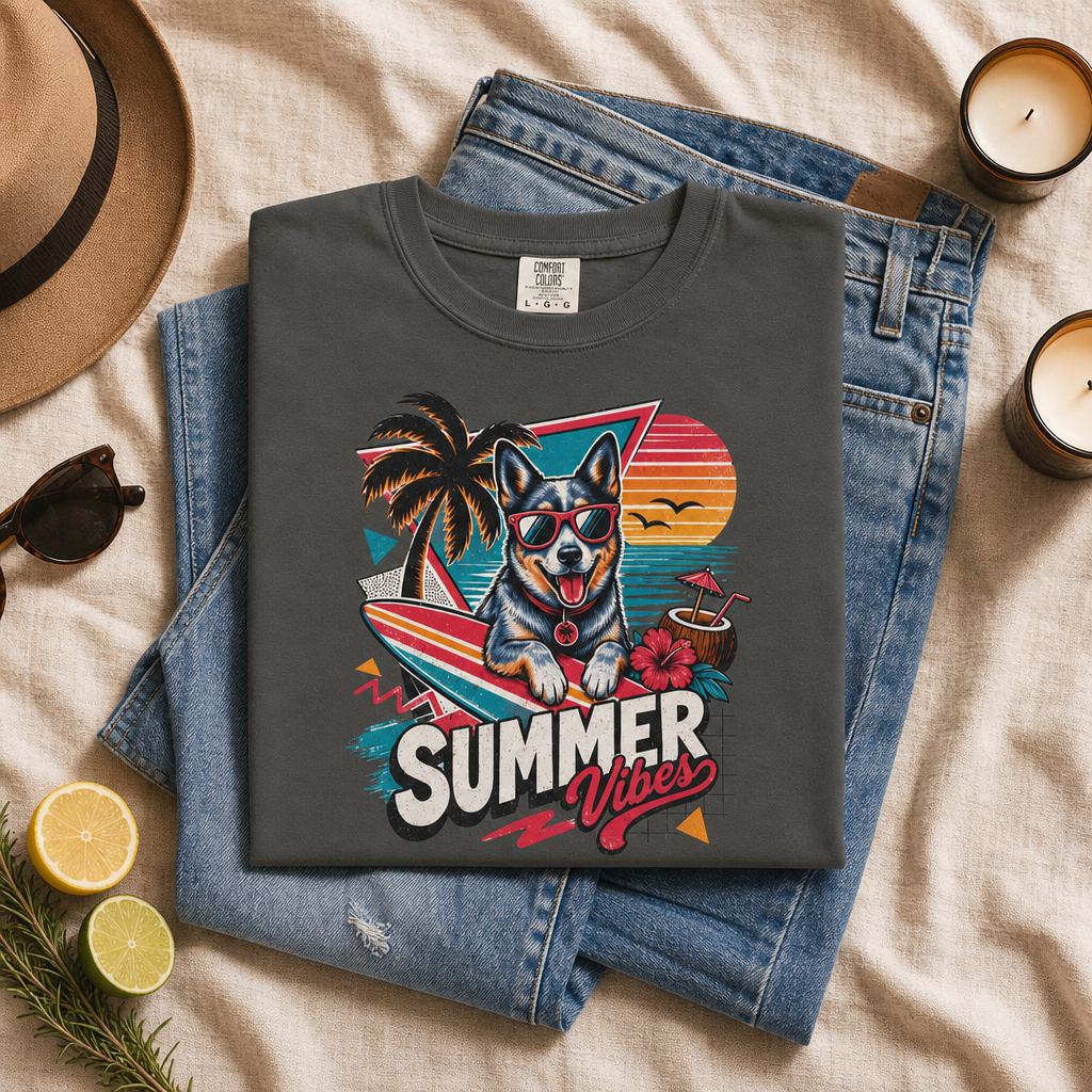 Summer Vibes Blue Heeler Australian Cattle Dog — Retro Surf Dog Tee