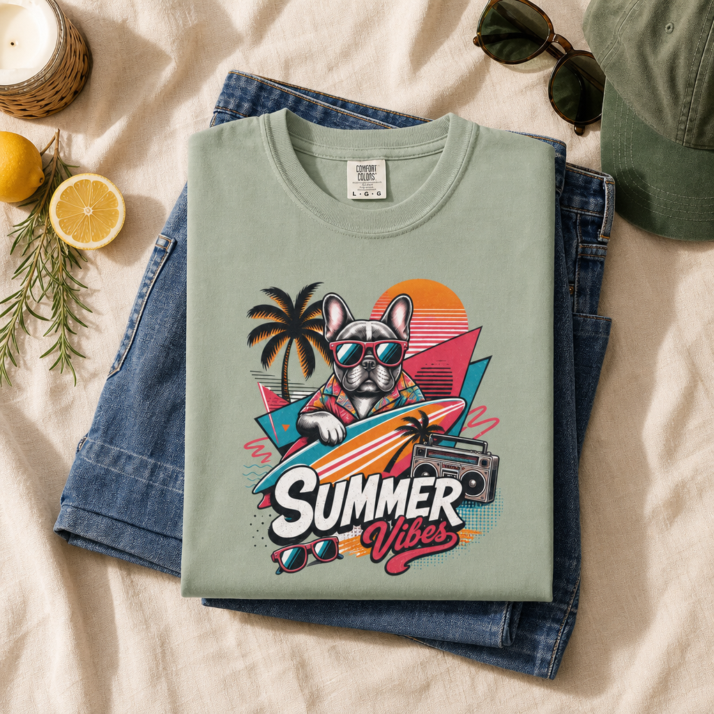 Summer Vibes French Bulldog— Retro Surf Dog Tee