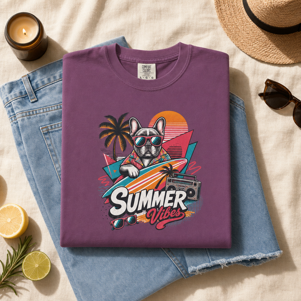 Summer Vibes French Bulldog— Retro Surf Dog Tee