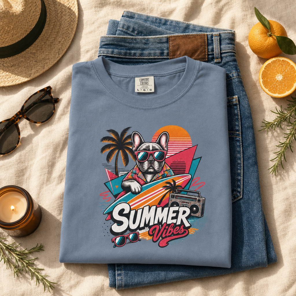Summer Vibes French Bulldog— Retro Surf Dog Tee