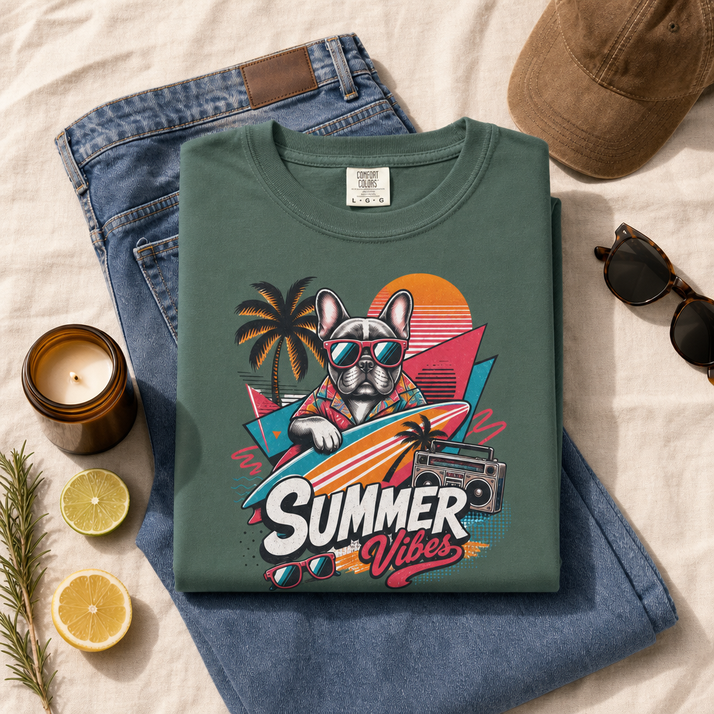 Summer Vibes French Bulldog— Retro Surf Dog Tee