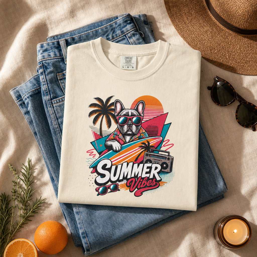Summer Vibes French Bulldog— Retro Surf Dog Tee