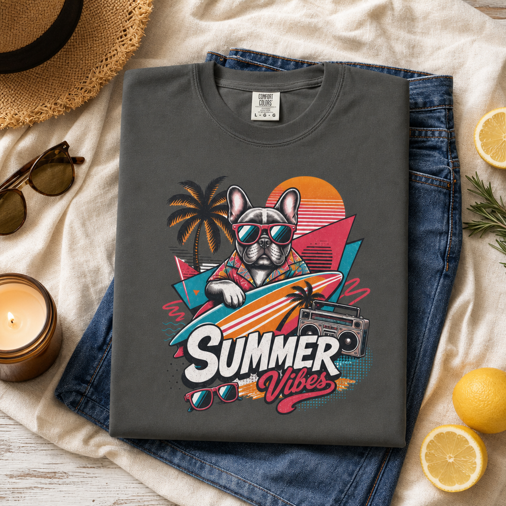 Summer Vibes French Bulldog— Retro Surf Dog Tee