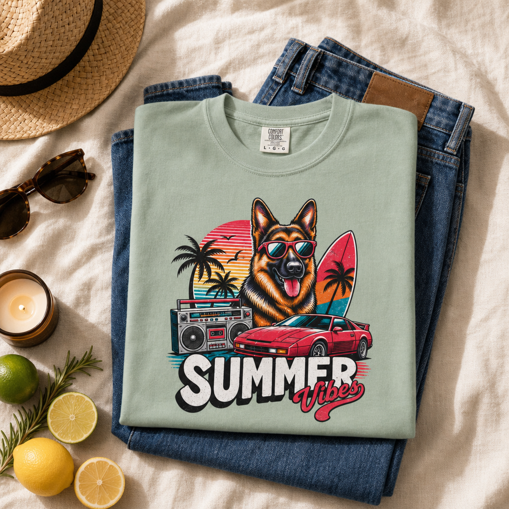Summer Vibes German Shepherd— Retro Surf Dog Tee