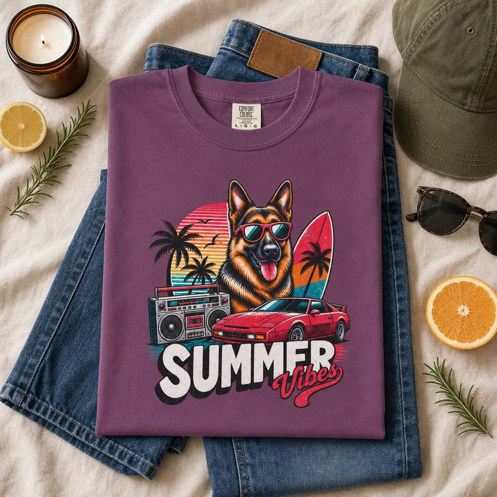 Summer Vibes German Shepherd— Retro Surf Dog Tee