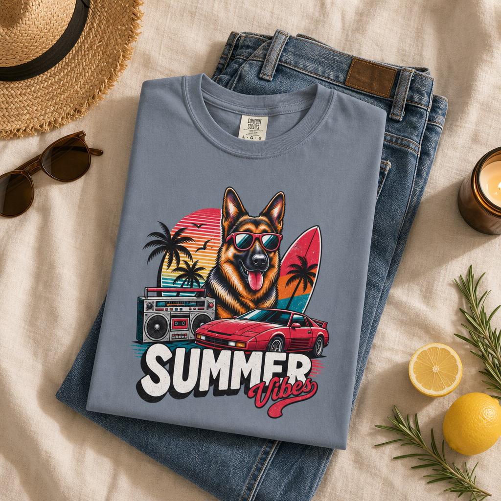 Summer Vibes German Shepherd— Retro Surf Dog Tee