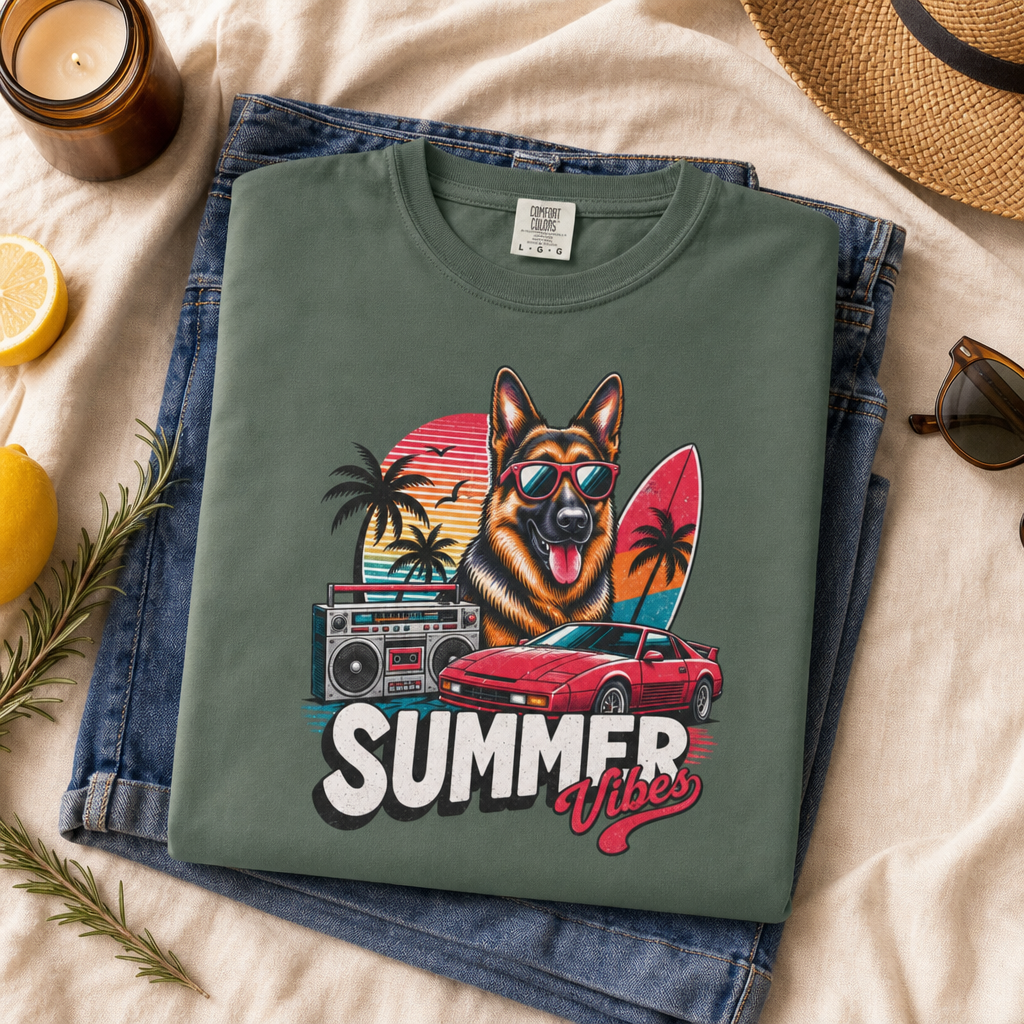 Summer Vibes German Shepherd— Retro Surf Dog Tee
