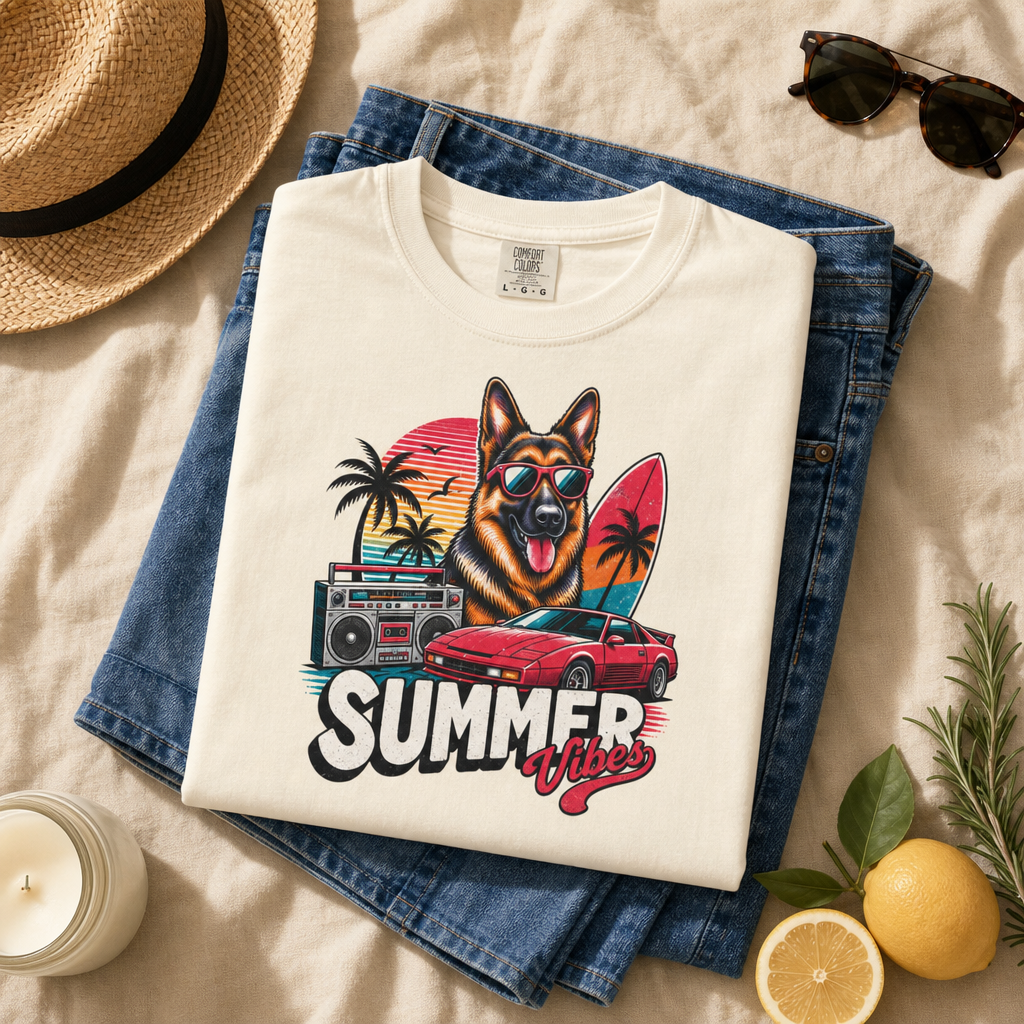 Summer Vibes German Shepherd— Retro Surf Dog Tee
