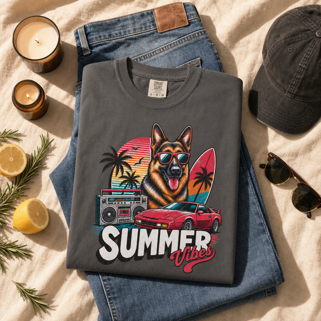 Summer Vibes German Shepherd— Retro Surf Dog Tee