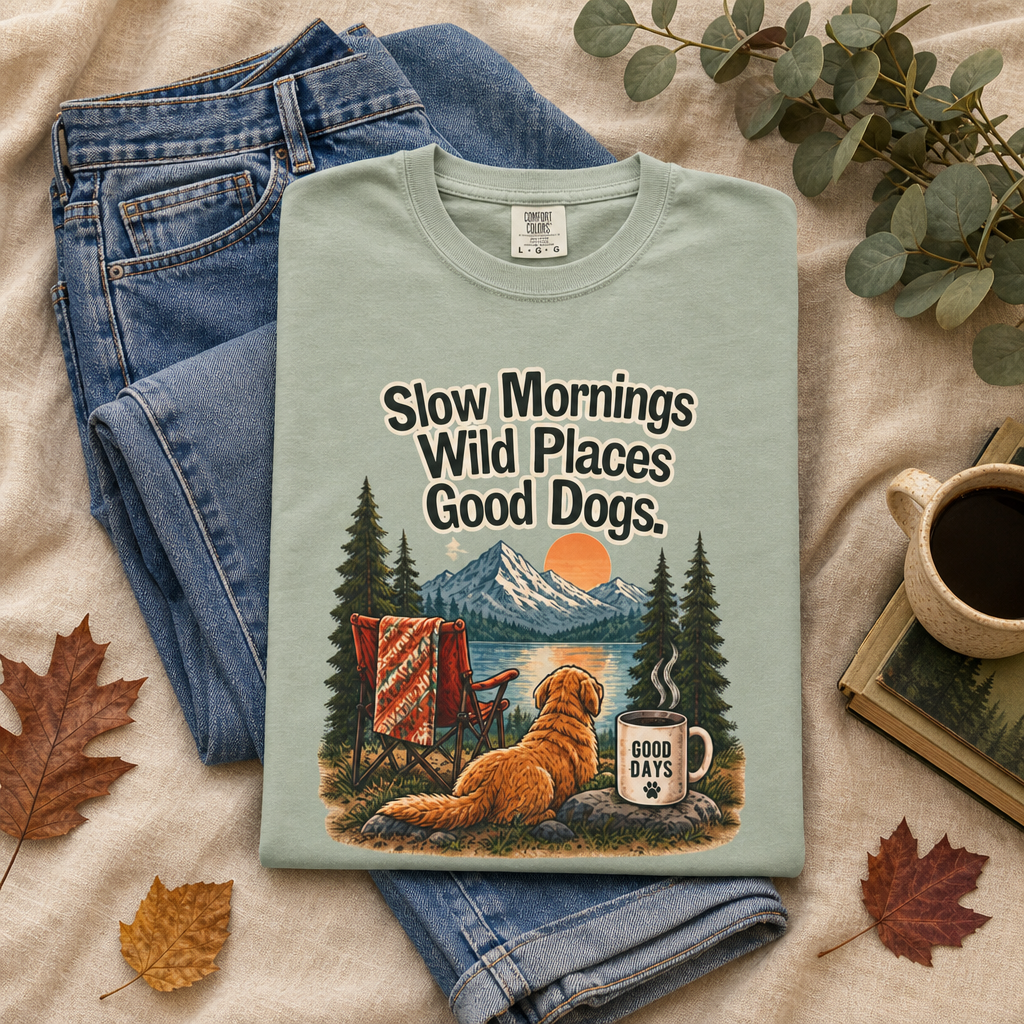 Slow Mornings Wild Places Good Dogs T-Shirt | Outdoor Tee